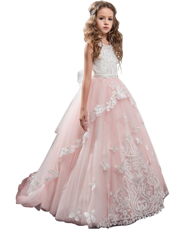 PLwedding Fancy Flower Girl Dress Kids Lace Applique Pageant Party Ball Gown Blush Pink Size 4 - Image 1